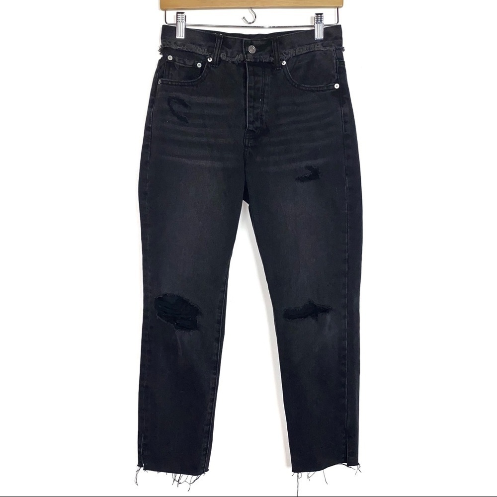 Free People Neon Blonde Black Siren Mom Fit High Rise Distressed Jeans 26